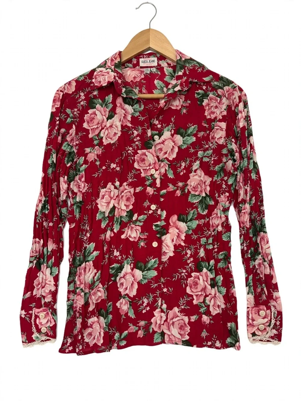 Vintage Y2K Guess Red Floral Button-Down Blouse with Pink Roses